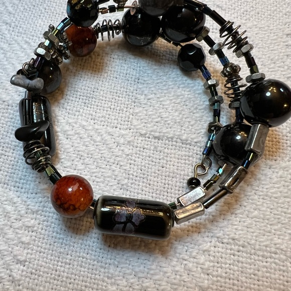 Black Agate Stretch ~Artisan Spring Wrap Bracelet with Metal Charm Accents - Picture 2 of 6